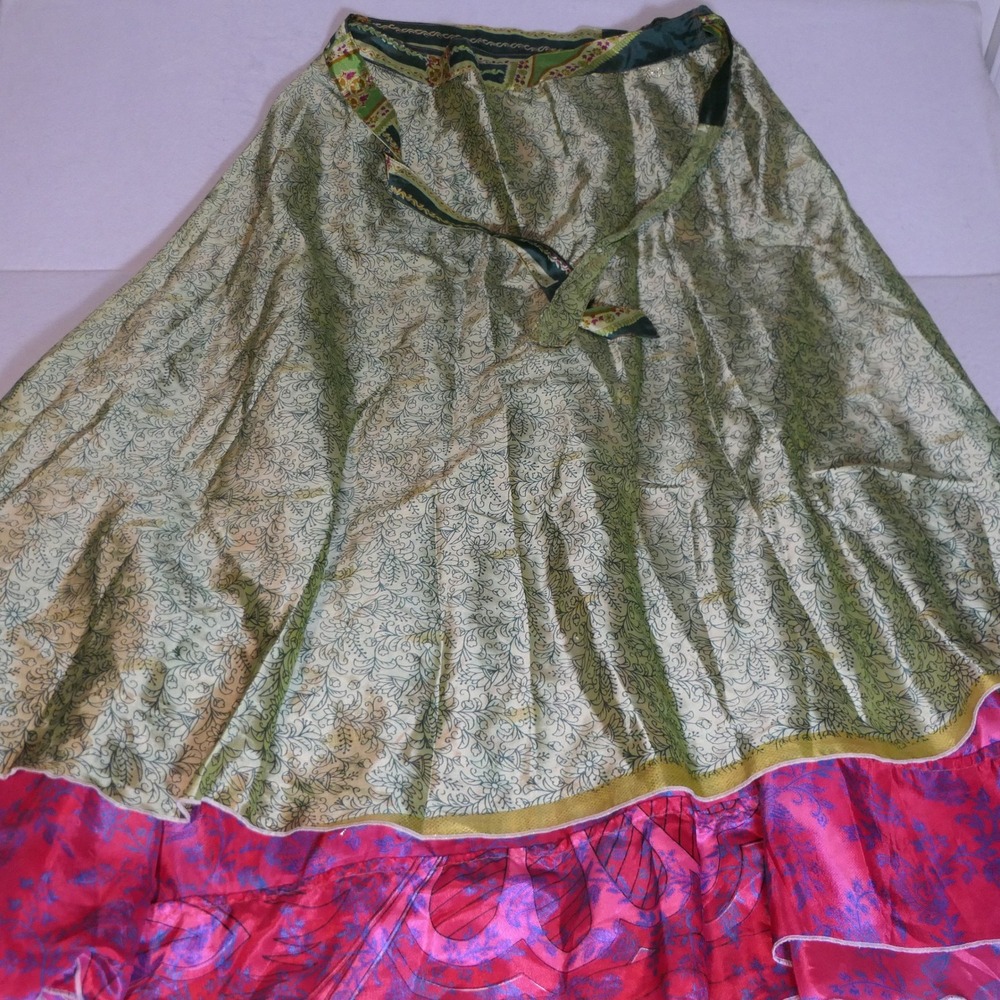 Women Wrap Skirt OS Green Pink Boho Reversible Silk Blend Hippie Whimsical Gypsy